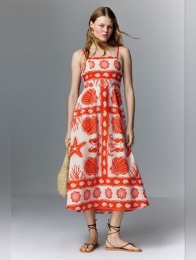 Moon River Red Sea-Print Midi Dress with Spaghetti Straps